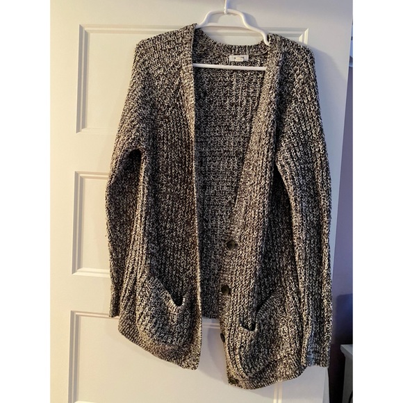 Garage Sweaters - GARAGE black & white marled long cardigan